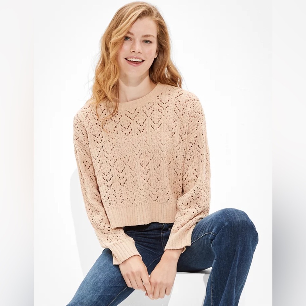 AE American Eagle Cropped Pointelle Crew Neck Sweater XL
